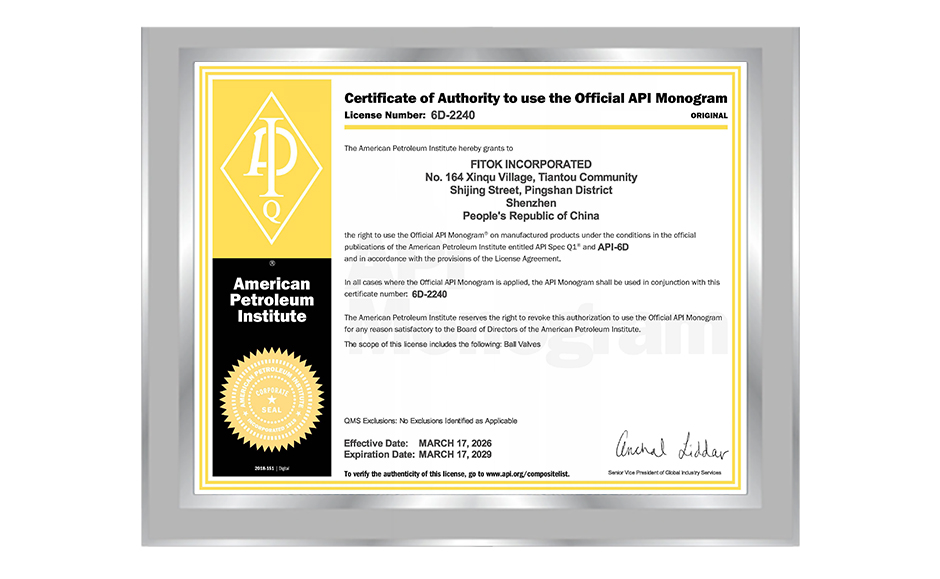 FITOK API 6D Certificate 6D-2240 for Ball Valves